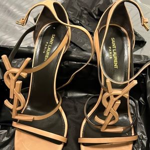 Saint Laurent Cassandra YSL Medallion Stiletto Sandals in Gold Brown Size 42